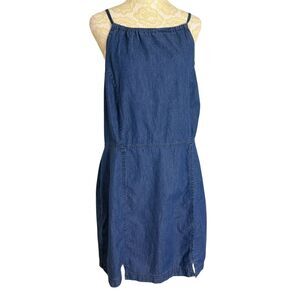 Asos Denim Chambray Halter Mini Dress Summer Indigo Blue 14 bv